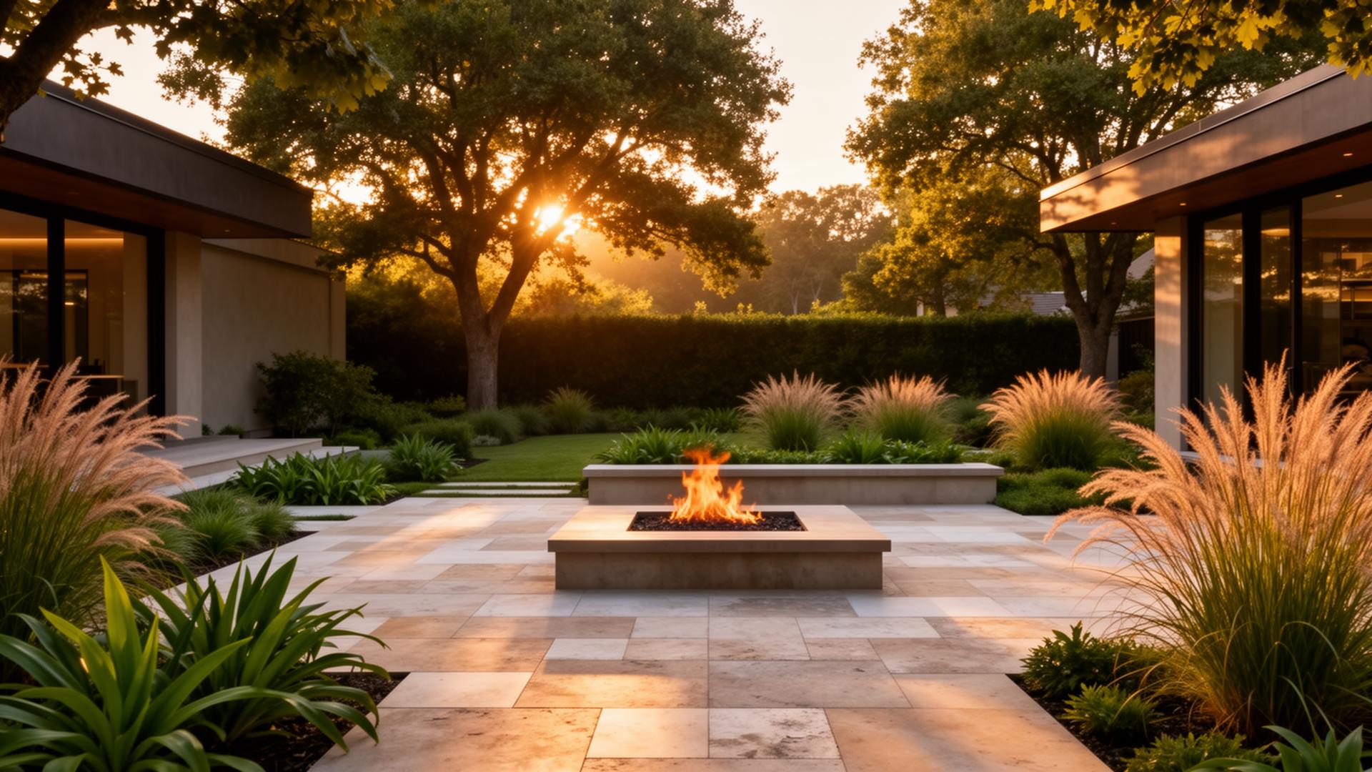 A modern landscape design with a stone patio, fire pit, and ornamental grasses at golden hour